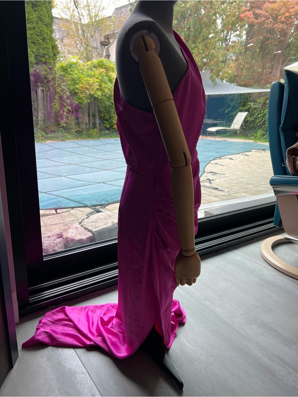 Boohoo One-Shoulder Hot Pink Draped Evening Gown - Picture 2 of 9